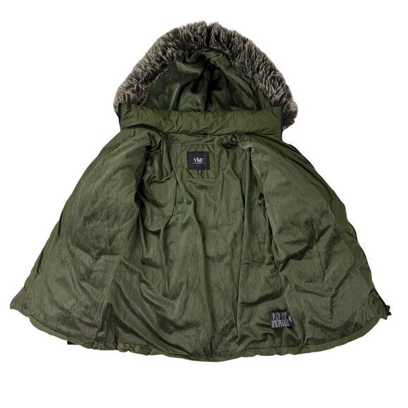 Green Winter Coat Puffer Jacket Faux Fur Removable Hood Sz 1X (Fits Like Large) - Picture 4 of 15